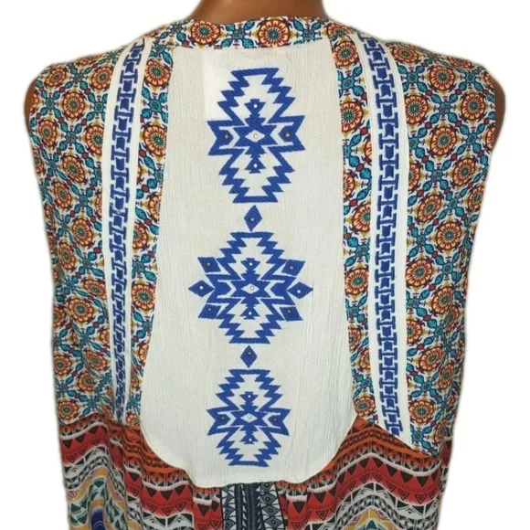John Mark Boho Tunic Top Large Aztec Gauzy Embroidered Floral Striped Button - Picture 2 of 12